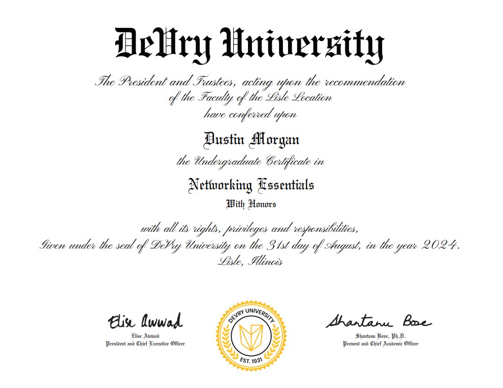 Devry University Networking Essential Undergraduate Certificate