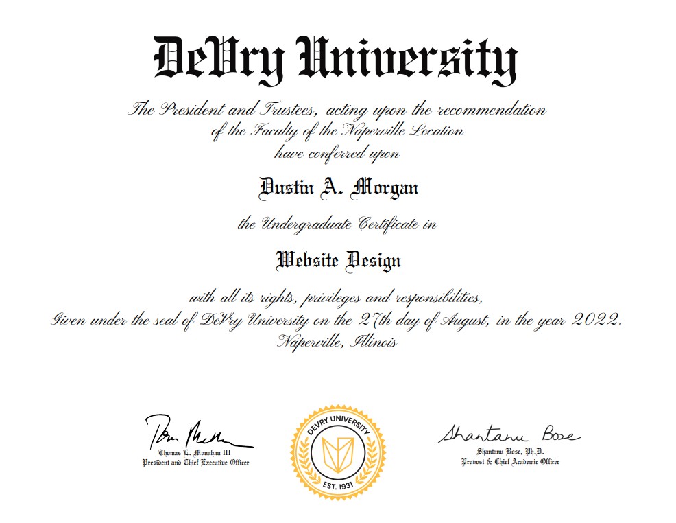 Devry University Web Devlopment Undergraduate Certificate